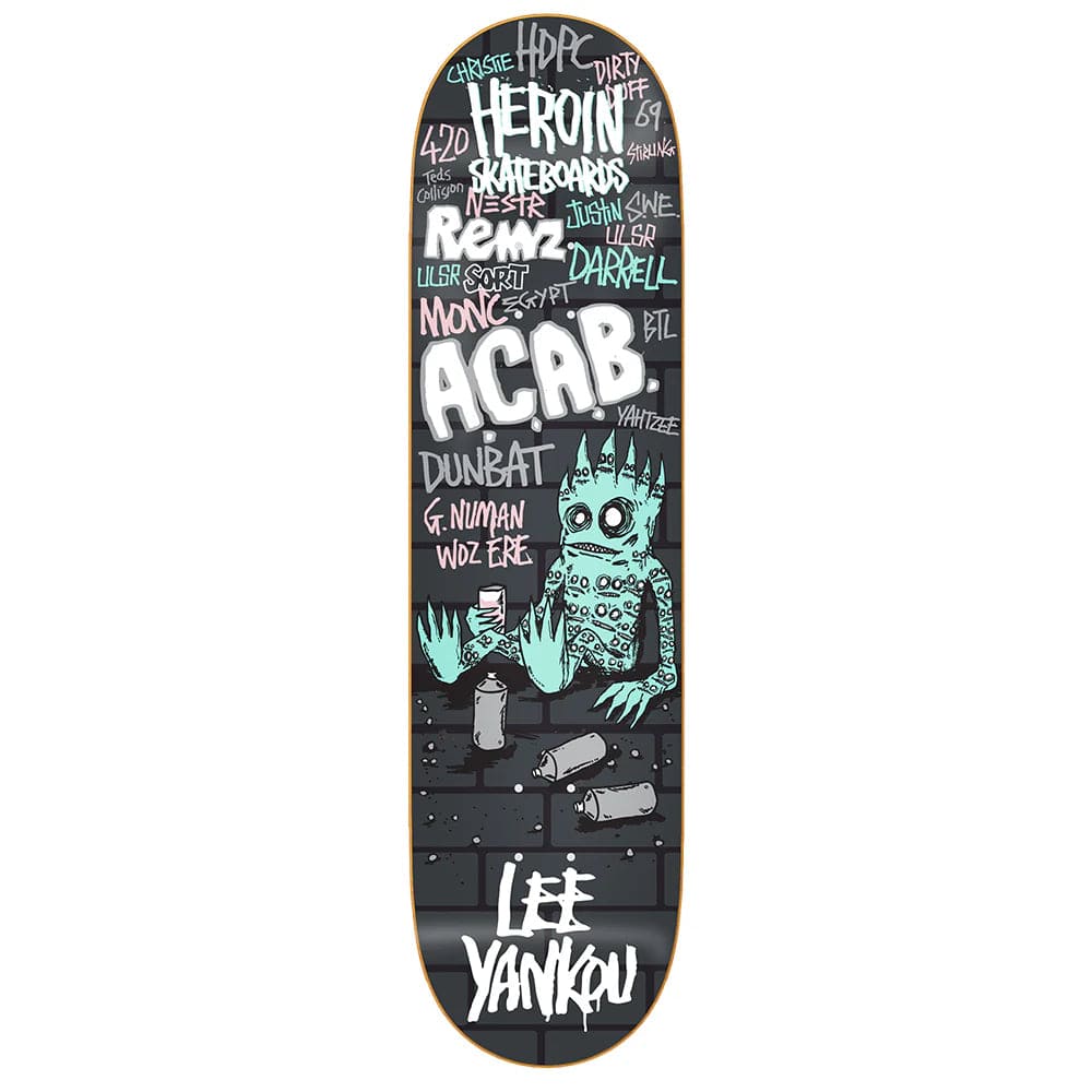 Buy Heroin Skateboards Lee Yankou IMP Skateboard Deck 8.25"  All decks come with free grip, please specify in notes (at checkout) if you would like it applied or not. For further information on any of our products please feel free to message. Fast Free UK Delivery, Worldwide shipping.