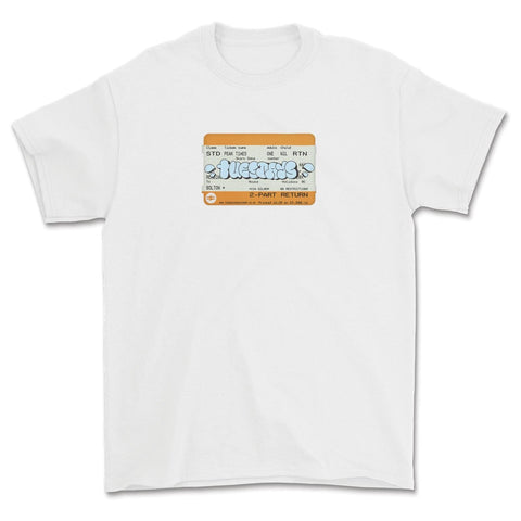 Buy Tuesdays 'Peak Times' Train ticket T-Shirt in White. 100% soft cotton construct. print central on chest. Regular Cut. Best online destination for U.K Skate Shop tees at Tuesdays Skateshop. Fast Free delivery with buy now pay later options at checkout. Consistent 5 star customer reviews. 28.00 GBP Per tee.