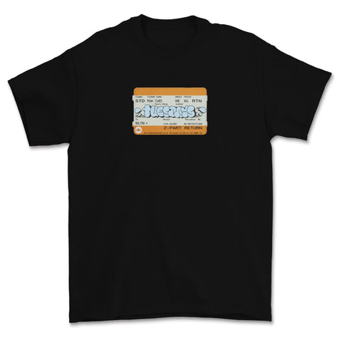 Buy Tuesdays 'Peak Times' Train ticket T-Shirt in Black. 100% soft cotton construct. print central on chest. Regular Cut. Best online destination for U.K Skate Shop tees at Tuesdays Skateshop. Fast Free delivery with buy now pay later options at checkout. Consistent 5 star customer reviews. 28.00 GBP Per tee.